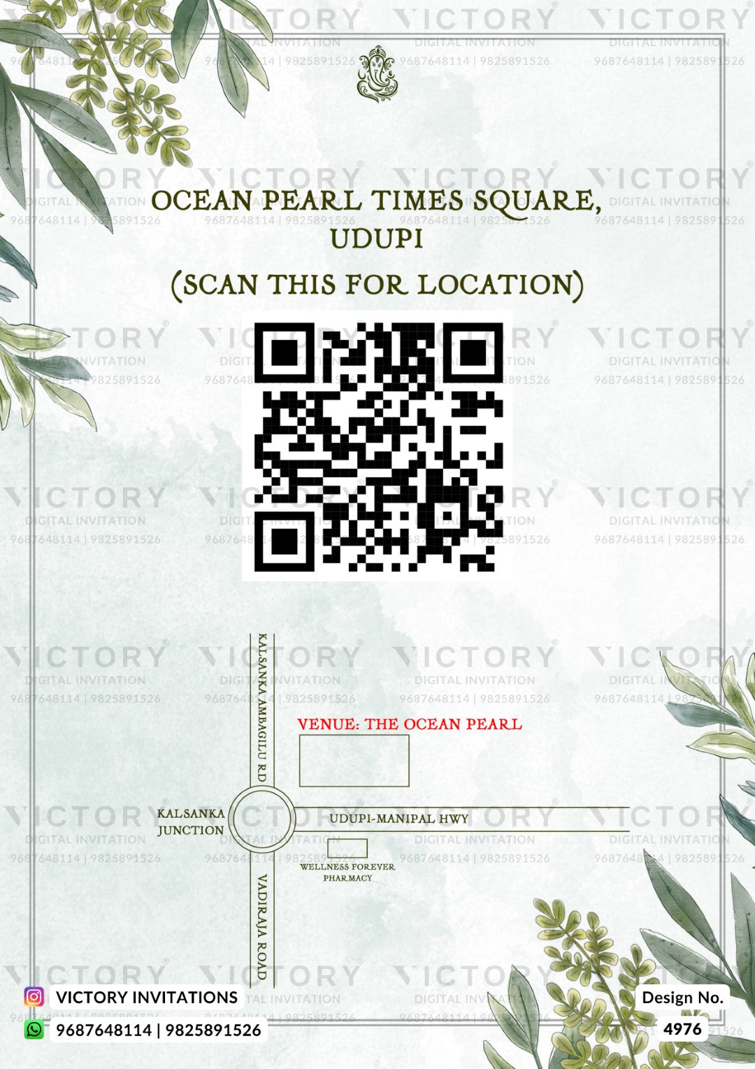 A printed invitation card design for an event at Ocean Pearl Times Square, featuring a large QR code, venue details, and decorative botanical corner illustrations on a pale background with repeated watermark text.