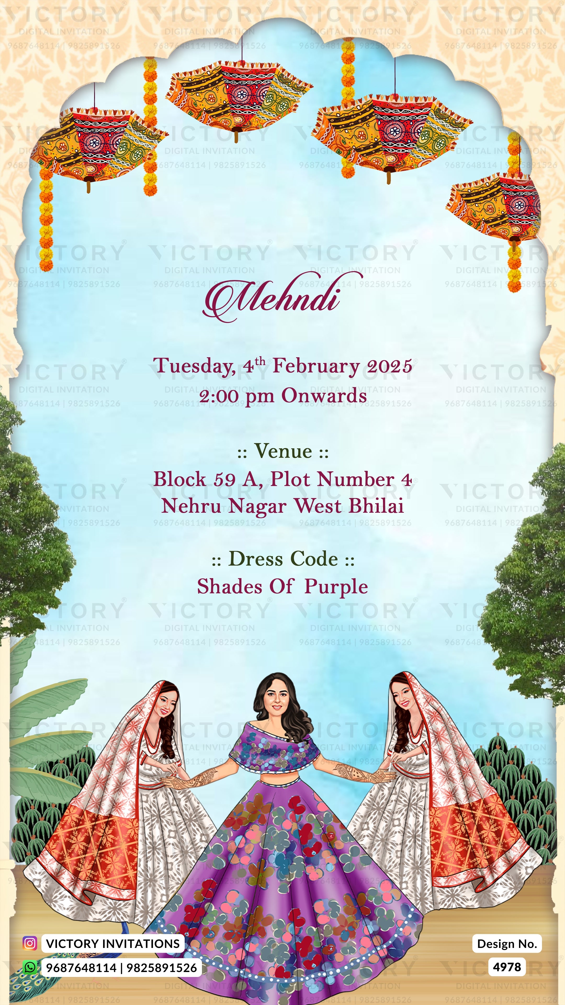 A digital invitation card for a Mehndi event, featuring a decorative blue arch with hanging orange and yellow lanterns, event details in the center, and three illustrated women in traditional Indian attire at the bottom. The card has a beige patterned border and includes the brand name 'Victory Invitations' at the bottom.