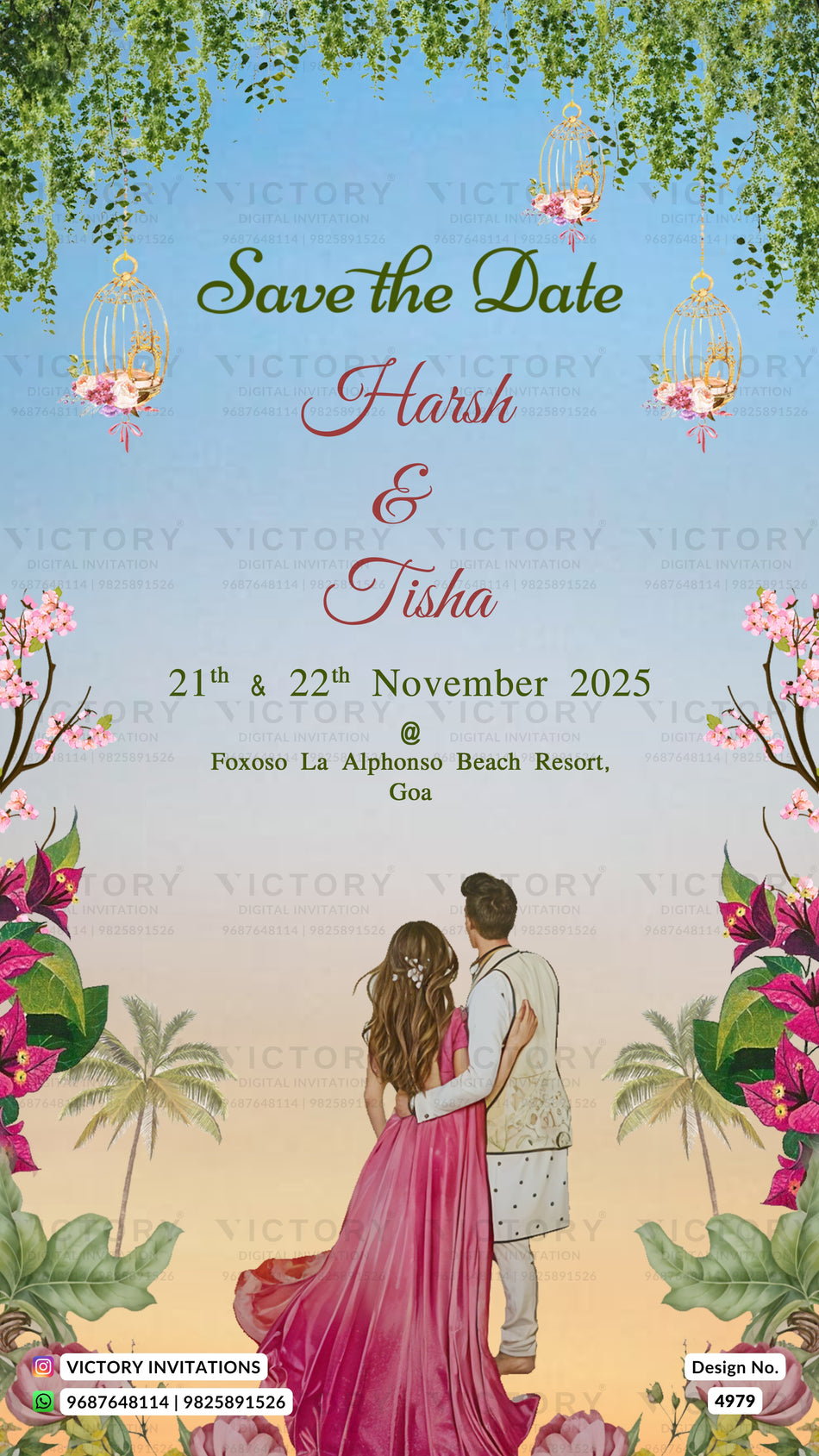 Save the Date card in english language with leaves, couple doodle as floral theme design 4979