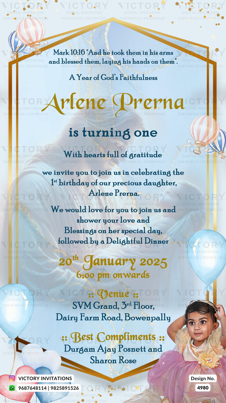 Birthday party invitation card for girl in english language with colorful ballons, girl photo, frame as Balloon theme design 4980