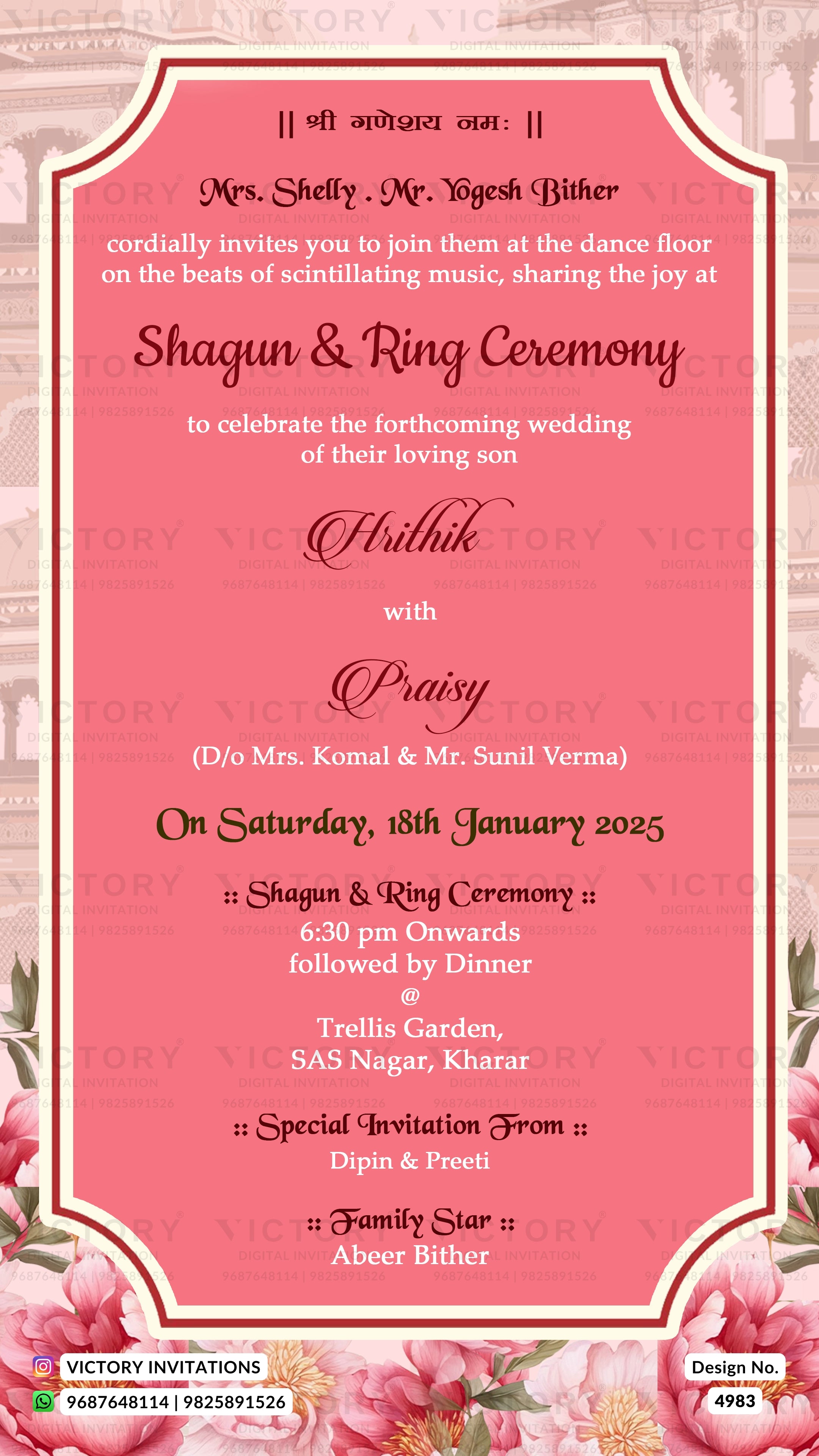A pink and red digital invitation card template for a Shagun & Ring Ceremony, featuring elegant typography, floral borders at the bottom, and a decorative pink frame on a light patterned background.