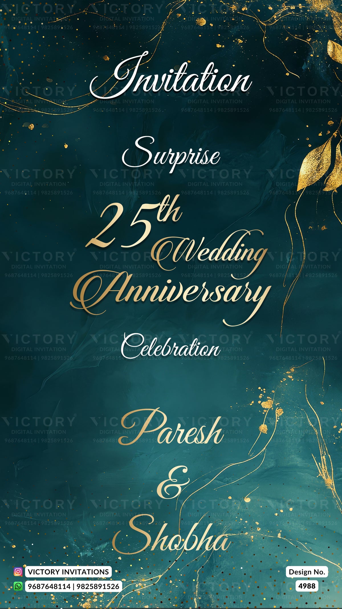 A digital invitation card design for a 25th Wedding Anniversary celebration, featuring elegant white and gold script text on a dark teal textured background with gold leaf and glitter accents.