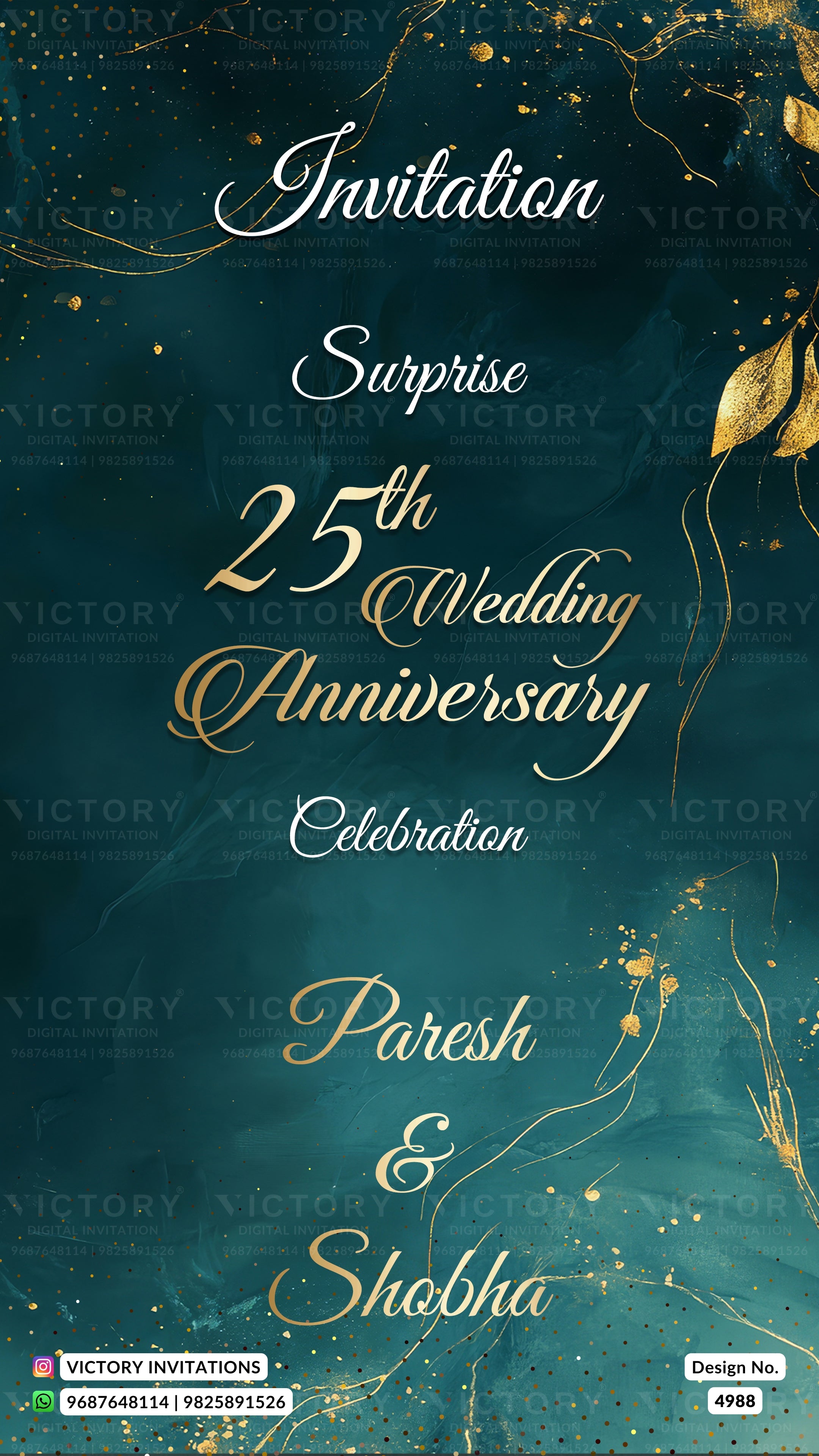A digital invitation card design for a 25th Wedding Anniversary celebration, featuring elegant white and gold script text on a dark teal textured background with gold leaf and glitter accents.