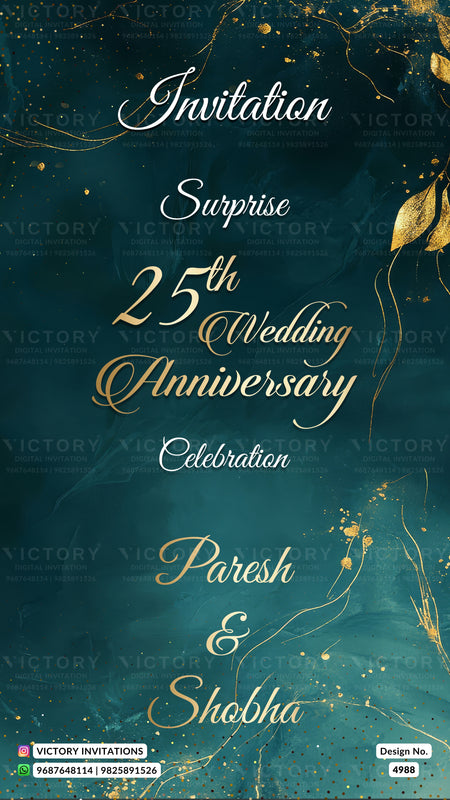 A digital invitation card design for a 25th Wedding Anniversary celebration, featuring elegant white and gold script text on a dark teal textured background with gold leaf and glitter accents.