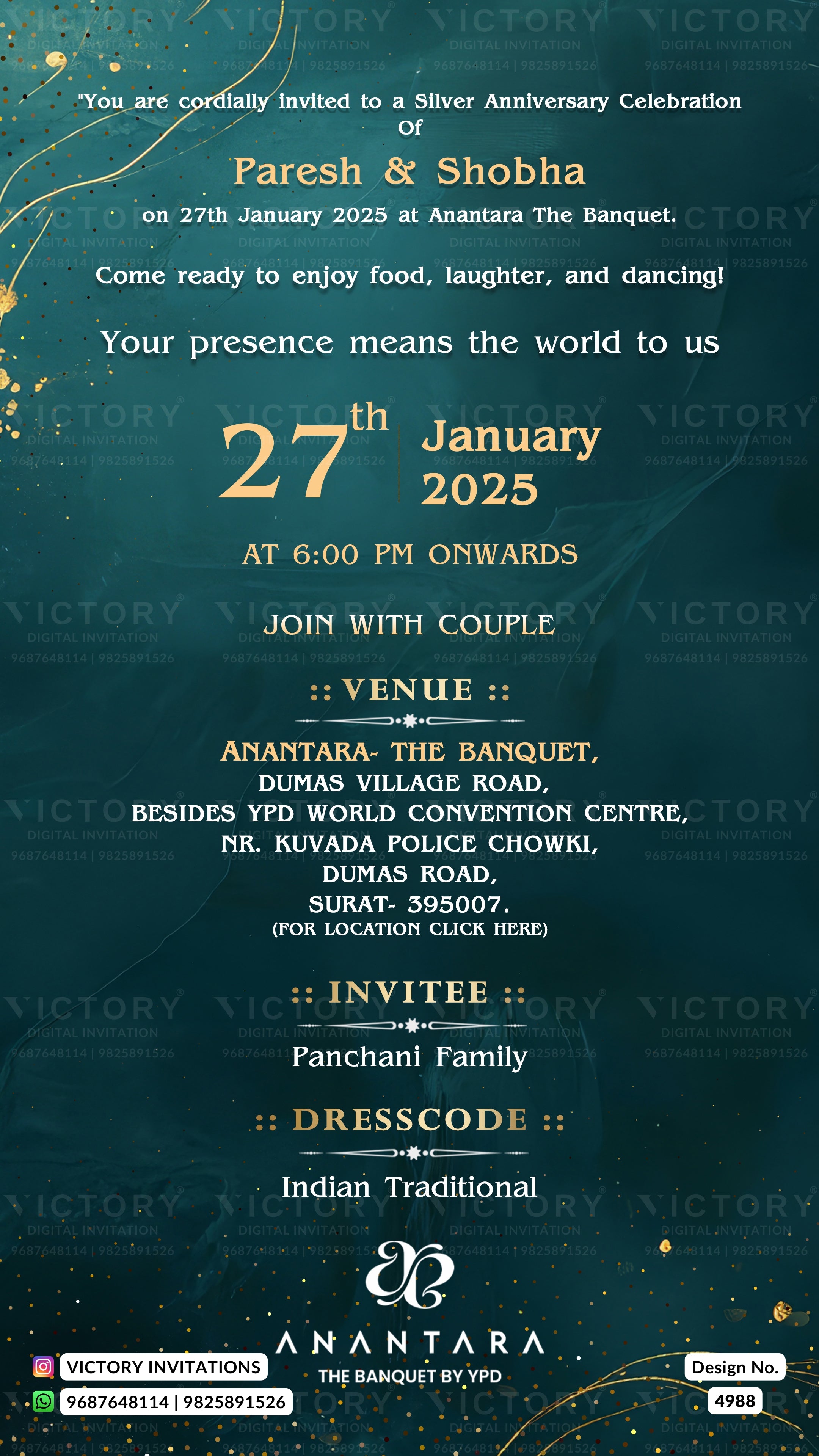 A digital invitation card for a silver anniversary celebration of Paresh & Shobha, featuring elegant gold and white typography on a dark teal textured background with subtle gold leaf details.