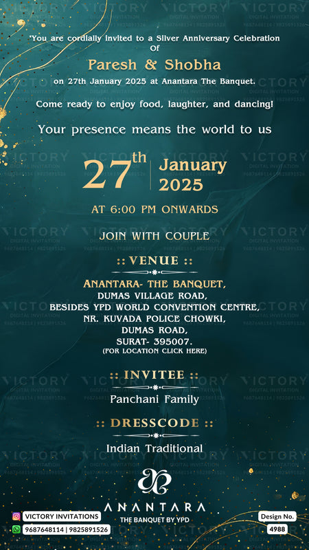 A digital invitation card for a silver anniversary celebration of Paresh & Shobha, featuring elegant gold and white typography on a dark teal textured background with subtle gold leaf details.