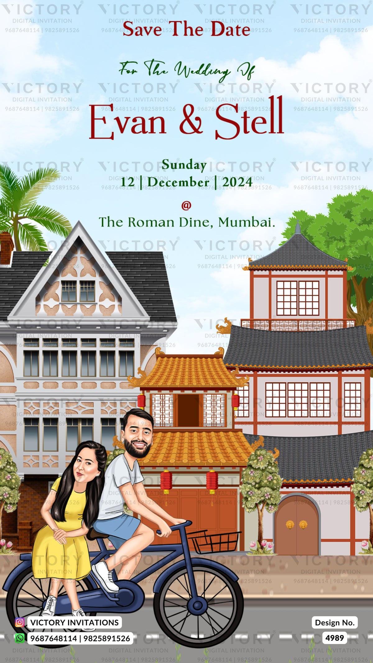 A wedding save-the-date invitation card featuring a cartoon illustration of a couple riding a blue bicycle in front of traditional Indian and Western-style buildings. The text reads 'Save The Date For The Wedding Of Evan & Stell Sunday 12 | December | 2024 The Roman Dine, Mumbai' with 'Victory Invitations' watermarked across the image.