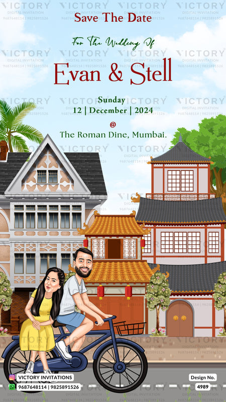 A wedding save-the-date invitation card featuring a cartoon illustration of a couple riding a blue bicycle in front of traditional Indian and Western-style buildings. The text reads 'Save The Date For The Wedding Of Evan & Stell Sunday 12 | December | 2024 The Roman Dine, Mumbai' with 'Victory Invitations' watermarked across the image.