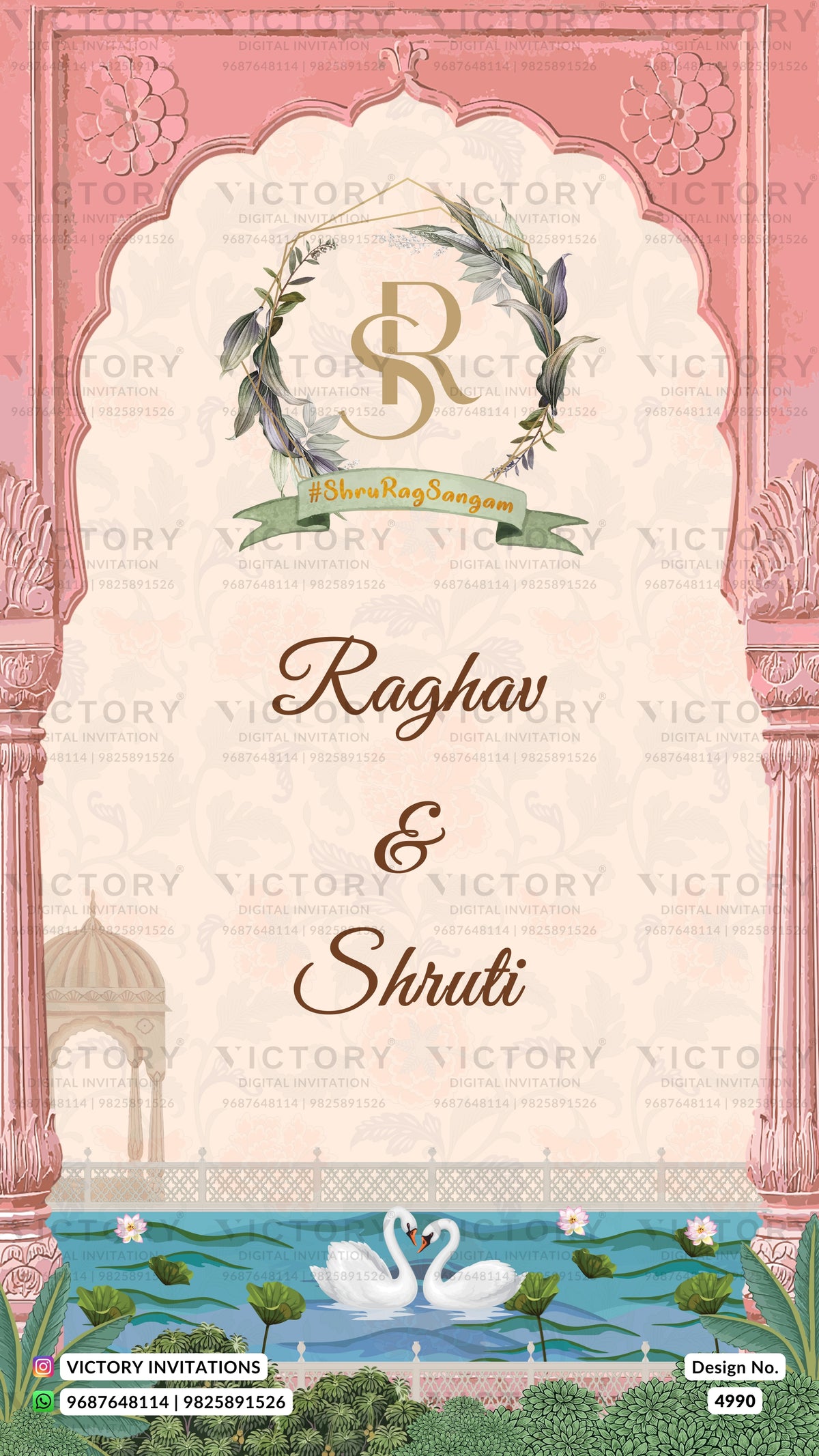 A wedding invitation card design with a pink arched border, cream central panel, decorative floral wreath with monogram, and the names 'Raghav & Shruti' in script. The bottom features a pond illustration with two white swans, green lily pads, and a small pavilion.