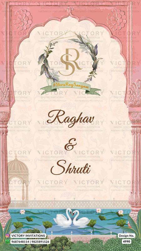 A wedding invitation card design with a pink arched border, cream central panel, decorative floral wreath with monogram, and the names 'Raghav & Shruti' in script. The bottom features a pond illustration with two white swans, green lily pads, and a small pavilion.