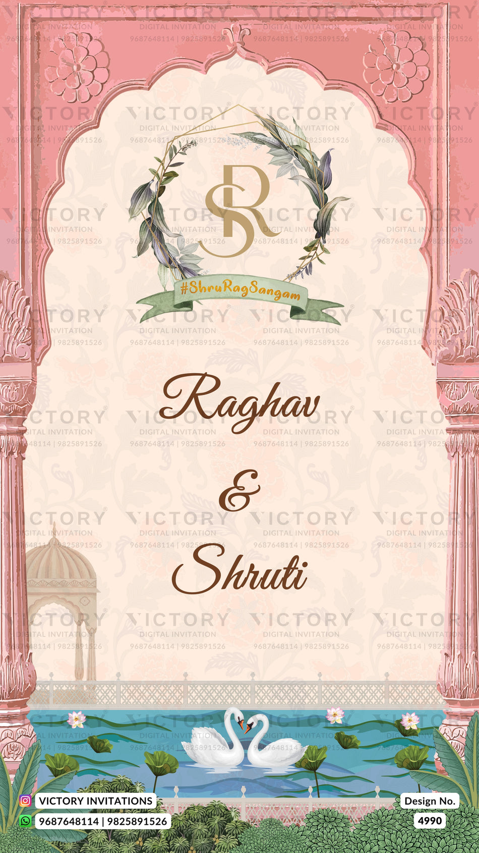 A wedding invitation card design with a pink arched border, cream central panel, decorative floral wreath with monogram, and the names 'Raghav & Shruti' in script. The bottom features a pond illustration with two white swans, green lily pads, and a small pavilion.
