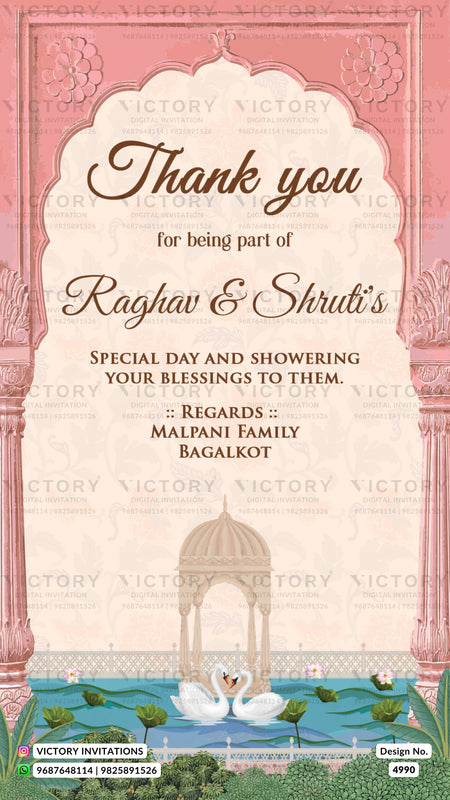 A pink and cream Indian wedding shower thank you card with elegant script text, a decorative arch illustration, and a pond scene with swans at the bottom. Watermark text 'VICTORY INVITATIONS' is repeated across the card.