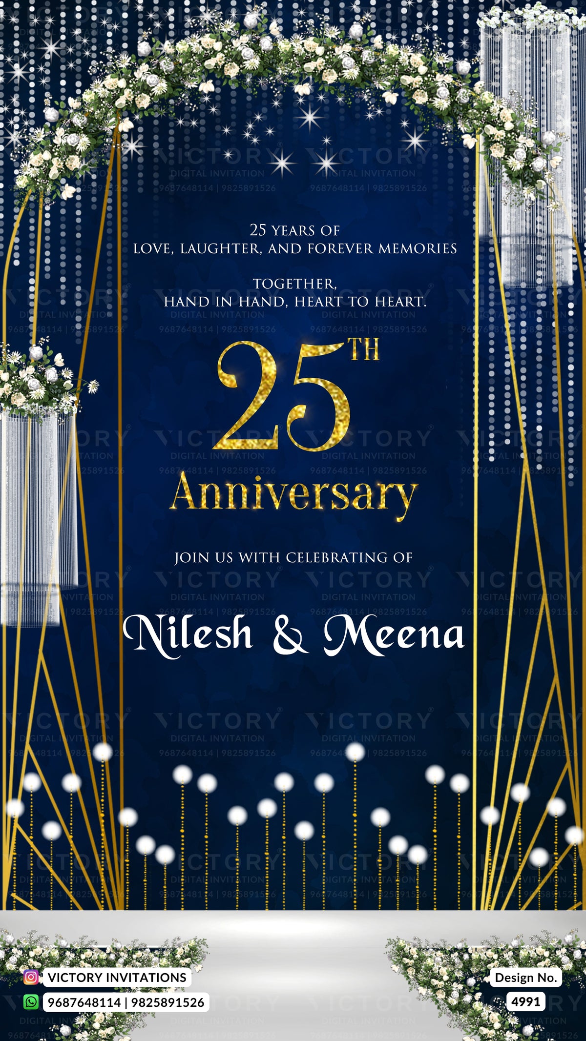 A 25th anniversary invitation card design with a dark navy blue background, gold arches, white floral garlands, and elegant text celebrating 'Nilesh & Meena'.