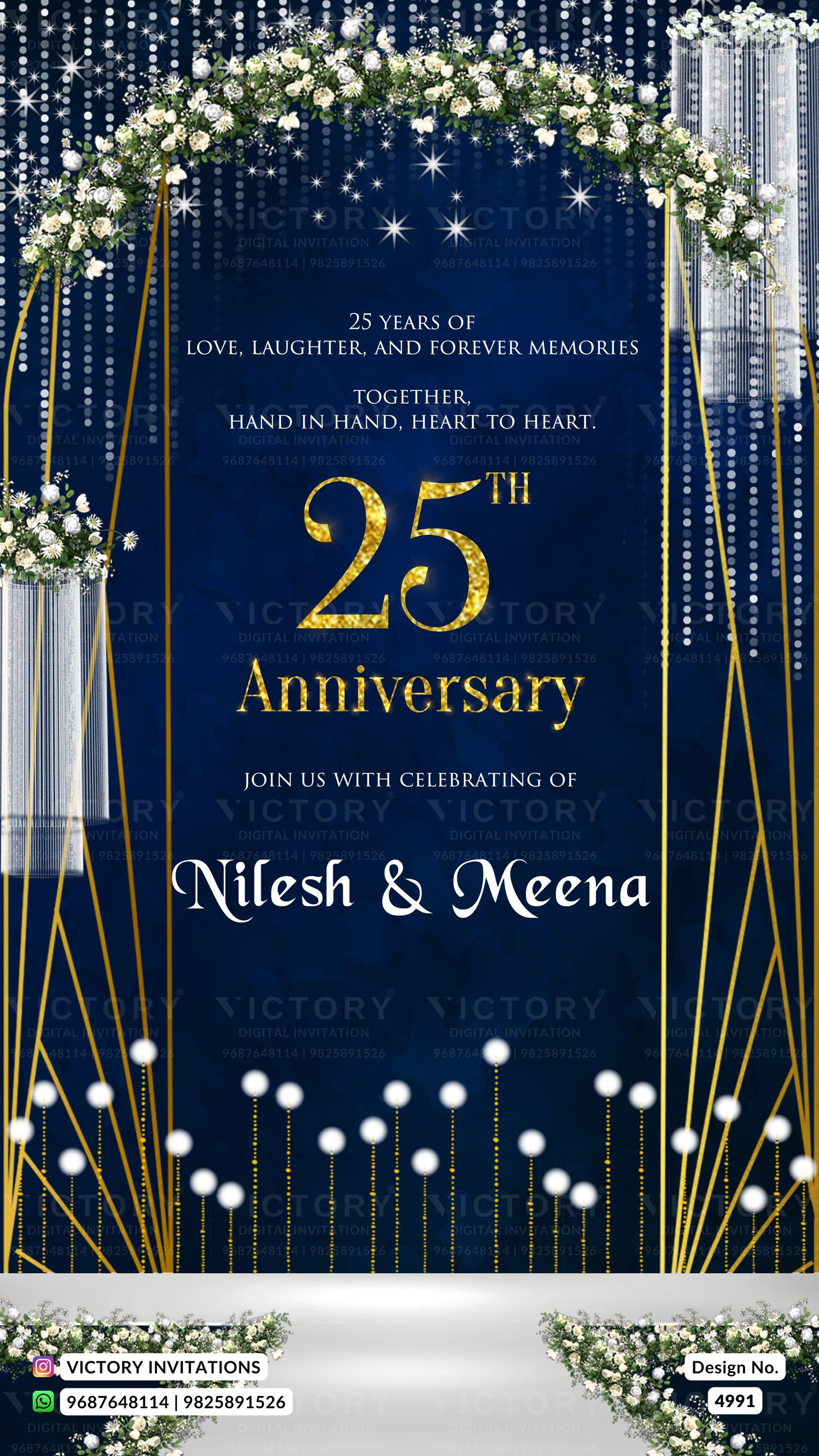 A 25th anniversary invitation card design with a dark navy blue background, gold arches, white floral garlands, and elegant text celebrating 'Nilesh & Meena'.
