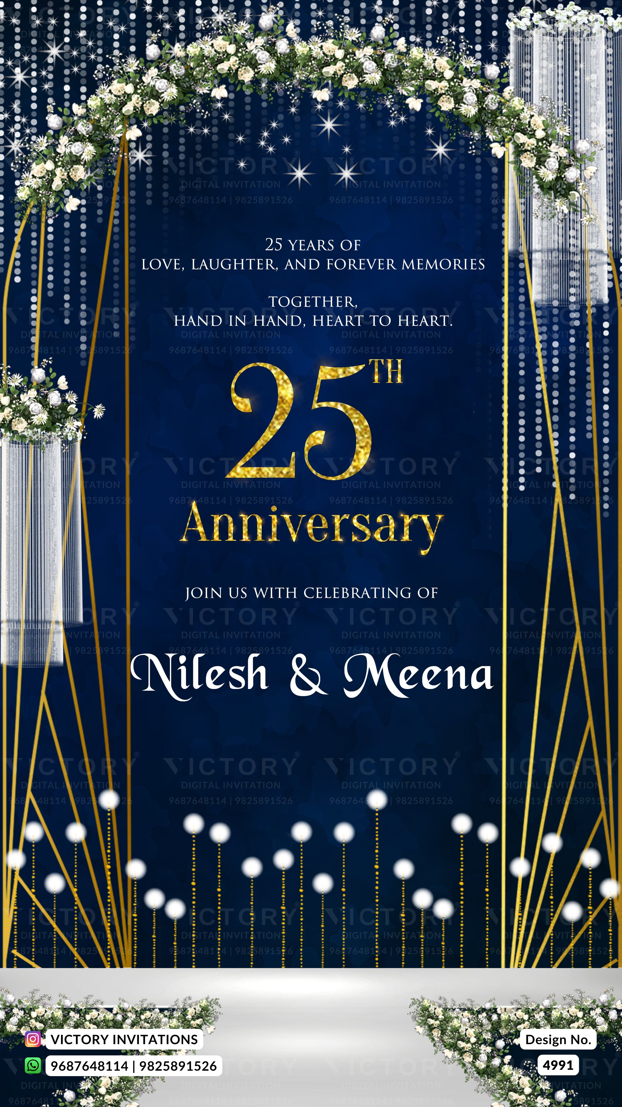 A 25th anniversary invitation card design with a dark navy blue background, gold arches, white floral garlands, and elegant text celebrating 'Nilesh & Meena'.