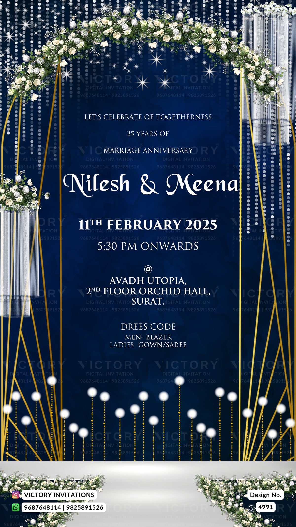 A digital invitation card for a 25th marriage anniversary celebration, featuring a dark blue background with gold arches, white floral garlands, and silver hanging lights. The text details the event for Nilesh & Meena on 11th February 2025 at 5:30 PM in Avadi Utopia, 2nd Floor Orchid Hall, Surat.