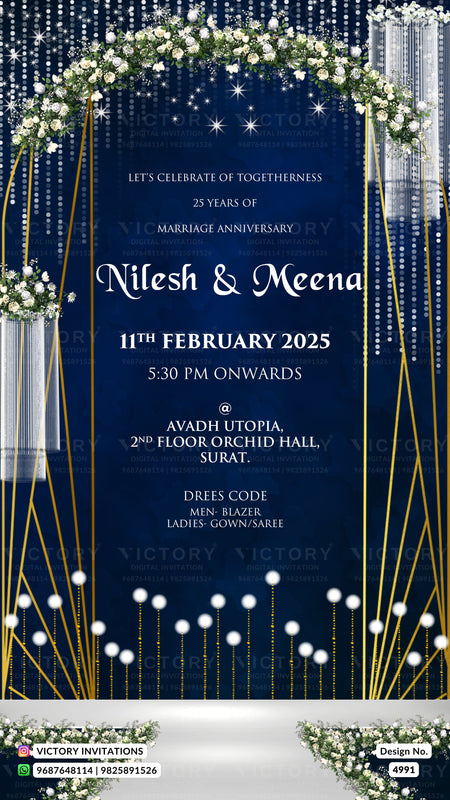 A digital invitation card for a 25th marriage anniversary celebration, featuring a dark blue background with gold arches, white floral garlands, and silver hanging lights. The text details the event for Nilesh & Meena on 11th February 2025 at 5:30 PM in Avadi Utopia, 2nd Floor Orchid Hall, Surat.