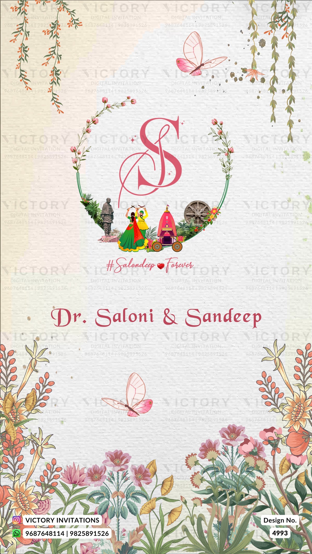 A decorative invitation card design for Dr. Saloni & Sandeep, featuring a central monogram 'S' framed by a floral wreath with a small illustrated couple, pink butterflies, and botanical borders on a textured cream background.
