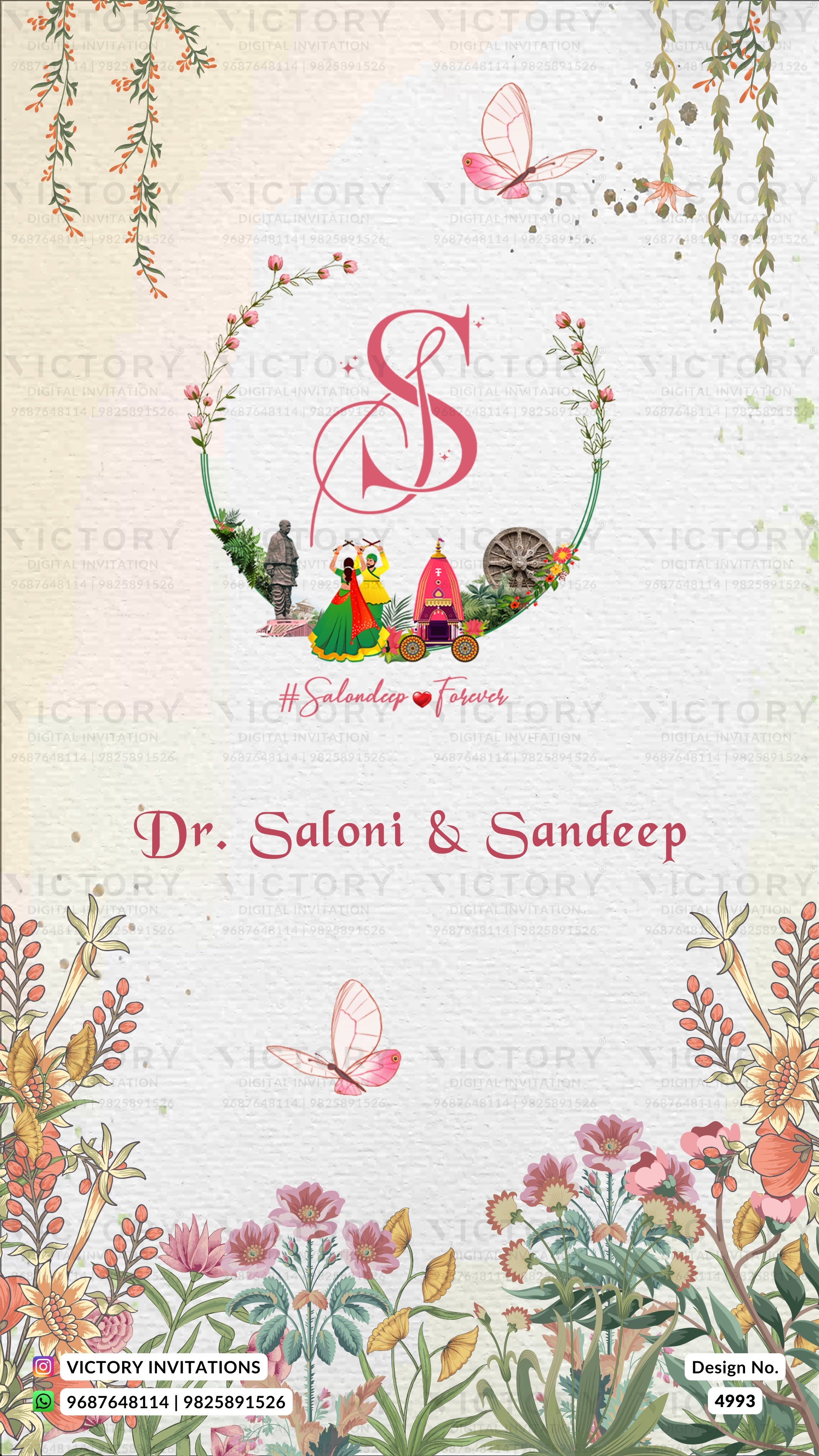 A decorative invitation card design for Dr. Saloni & Sandeep, featuring a central monogram 'S' framed by a floral wreath with a small illustrated couple, pink butterflies, and botanical borders on a textured cream background.