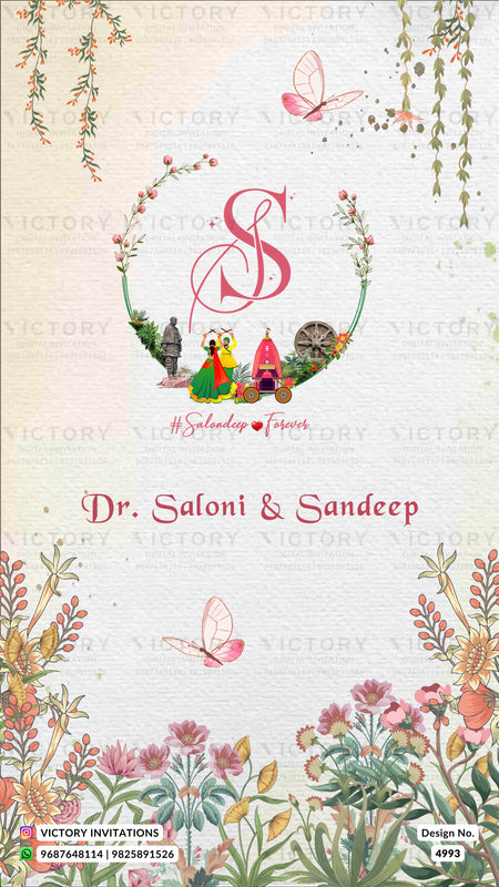 A decorative invitation card design for Dr. Saloni & Sandeep, featuring a central monogram 'S' framed by a floral wreath with a small illustrated couple, pink butterflies, and botanical borders on a textured cream background.