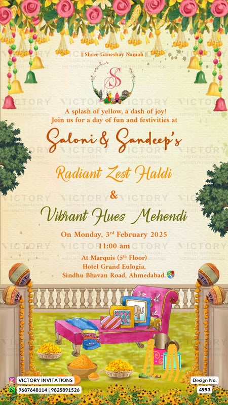 A festive Haldi invitation card with a cream background, decorated with pink roses, hanging bells, green foliage, and colorful illustrations of children, flowers, and traditional elements. The text reads 'Saloni & Sandeep's Radiant Zest Haldi & Vibrant Hues Mehendi' with event details below.