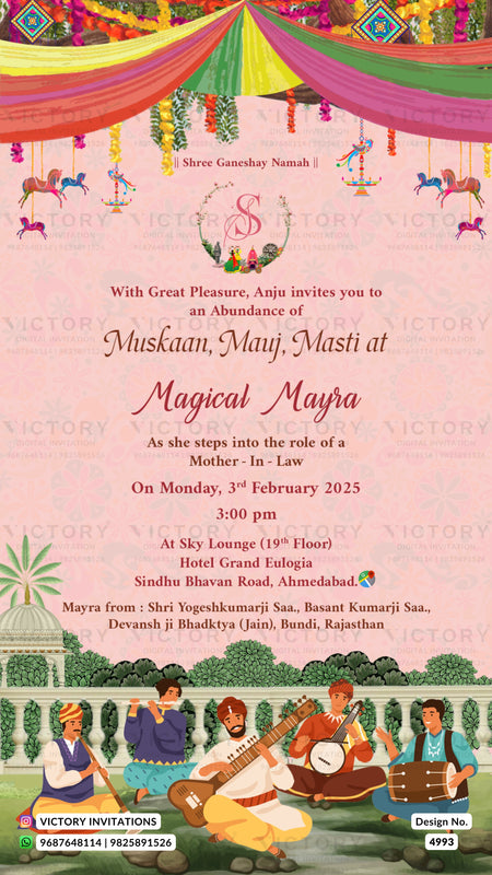 A festive pink invitation card for a 'Magical Mayra' Muskmak, Mauji Masti, featuring traditional Indian illustrations, colorful draped fabrics, and cartoon characters playing musical instruments at the bottom.