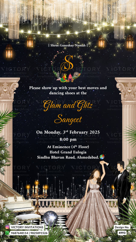 A digital wedding invitation card for 'Glam and Glitz Sanggeet' by Shree Ganeshay Namak. The design features a dark starry night sky background with hanging lanterns and string lights, classical pillars, and an illustration of a bride in a pink gown and a groom in a black suit dancing at the bottom right.