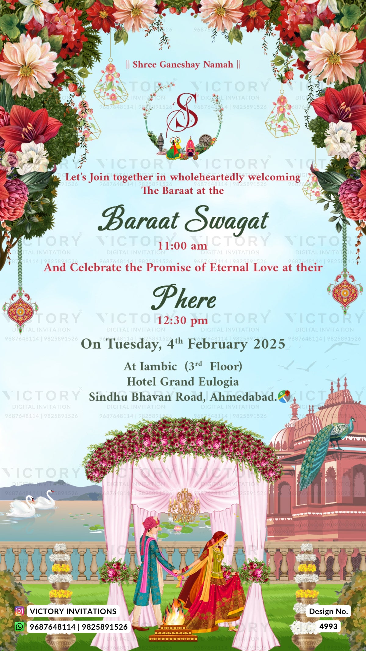 A colorful Indian Baraat Swagat wedding invitation card featuring a floral arch design, a bride and groom under a decorated canopy, and a pink palace in the background. The text details the wedding of Shree Ganesh Namah and Phere on Tuesday, 4th February 2025, at 12:30 pm at Hotel Grand Eulogia, Ahmedabad.