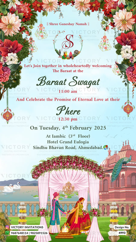 A colorful Indian Baraat Swagat wedding invitation card featuring a floral arch design, a bride and groom under a decorated canopy, and a pink palace in the background. The text details the wedding of Shree Ganesh Namah and Phere on Tuesday, 4th February 2025, at 12:30 pm at Hotel Grand Eulogia, Ahmedabad.