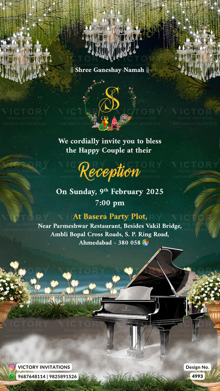 A digital invitation card for a reception event, featuring a dark green background with elegant chandeliers, tropical leaves, a black grand piano, and white flowers. The text reads 'We cordially invite you to bless the Happy Couple at their Reception' with event details for Sunday, 9th February 2025 at 7:00 pm.
