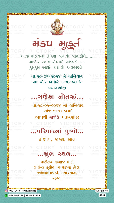A Hindu wedding invitation card featuring the Sanskrit mantra 'Mandap Mantra' in Devanagari script, framed by a gold glitter border on a teal background. The card has a white center with red and gold text, a small Ganesha illustration at the top, and 'VICTORY INVITATIONS' branding at the bottom.