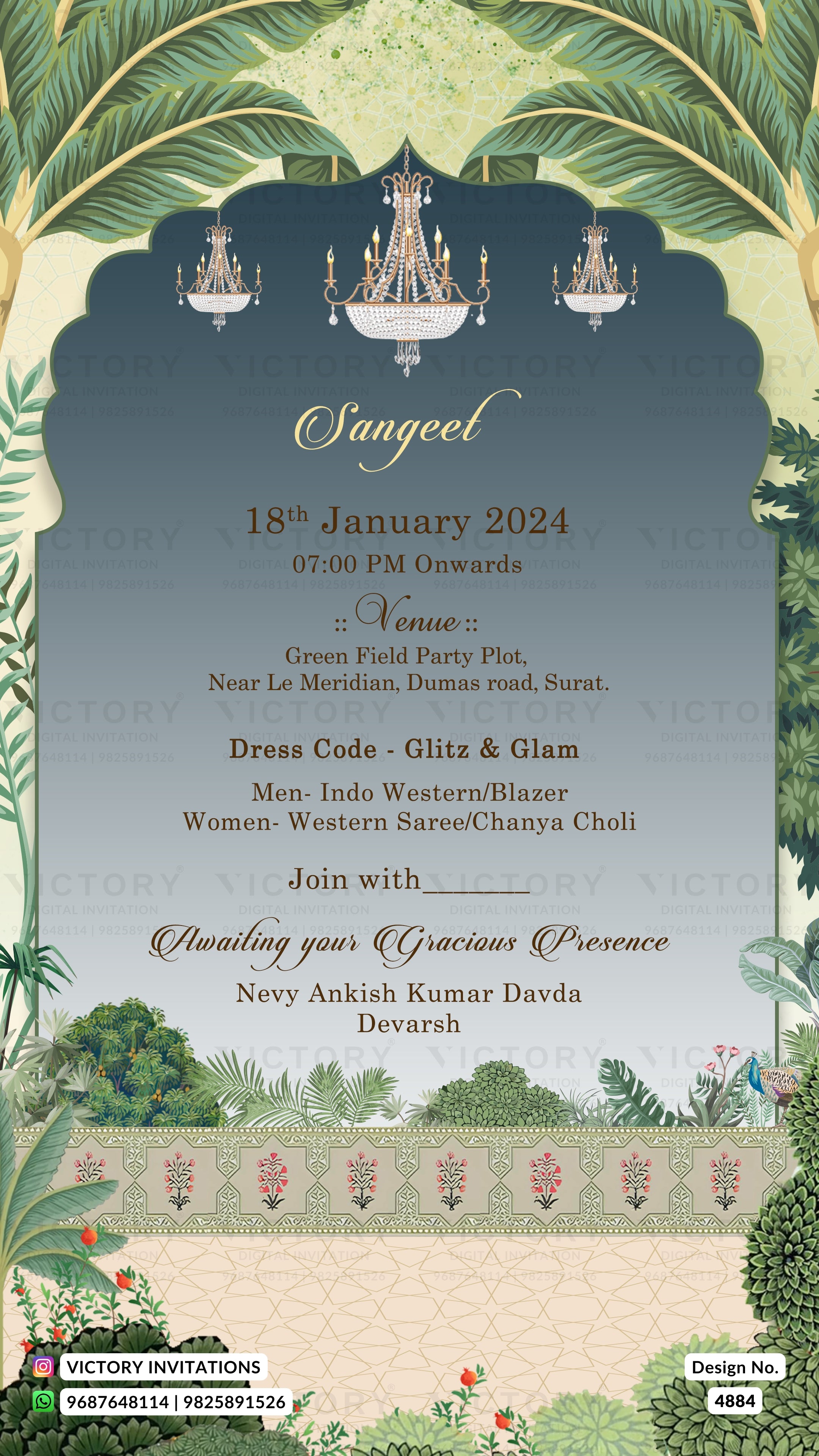 A digital Sangeet event invitation card featuring a dark teal arched center with gold text, decorated with green palm leaves, hanging chandeliers, and a traditional Indian border design at the bottom.