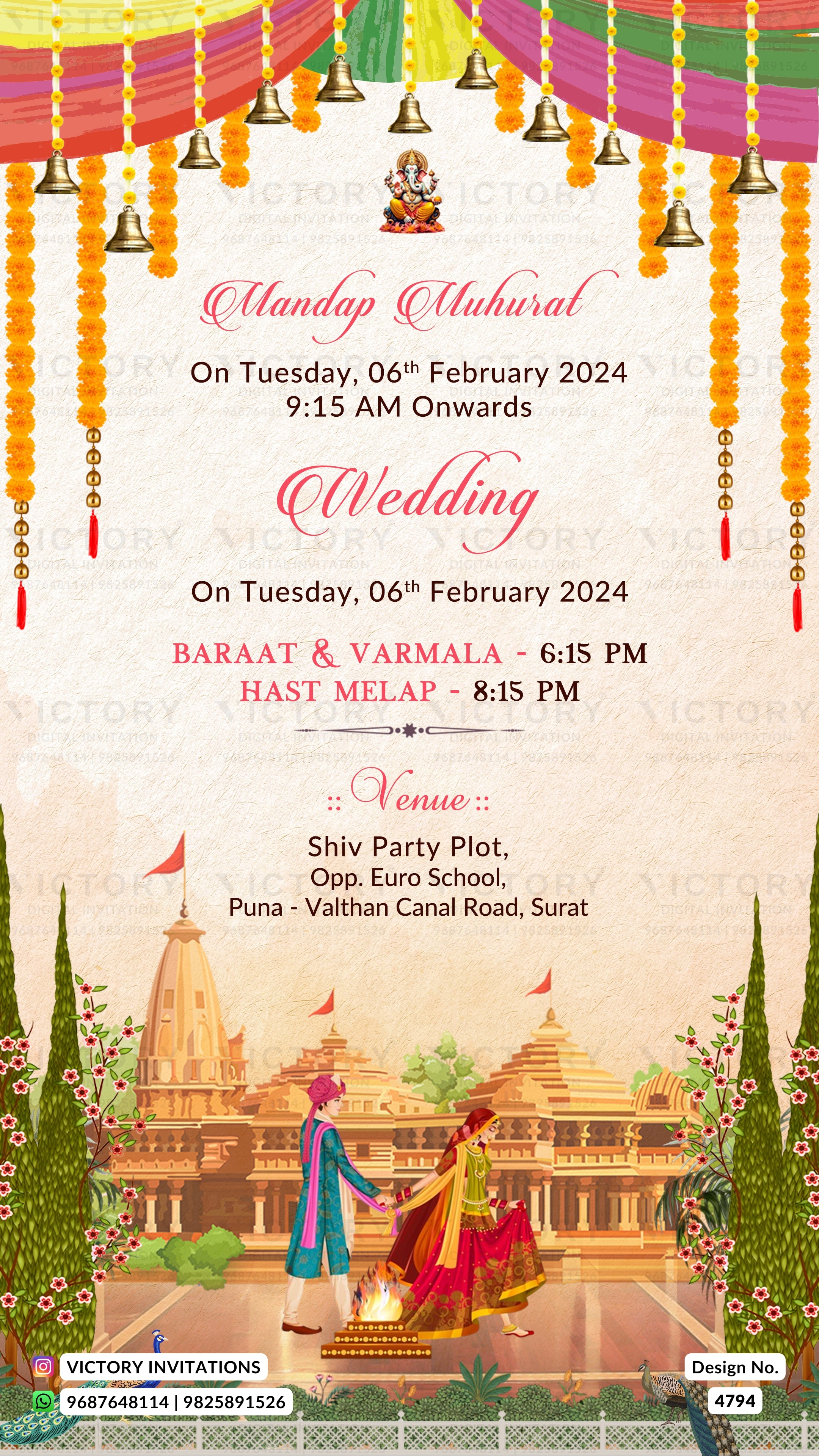 A festive Indian wedding invitation card featuring traditional decorative elements like hanging bells, marigold garlands, and a Ganesha illustration at the top. The central text announces a wedding on Tuesday, 06th February 2024, with baraat and varamala timings and venue details below.