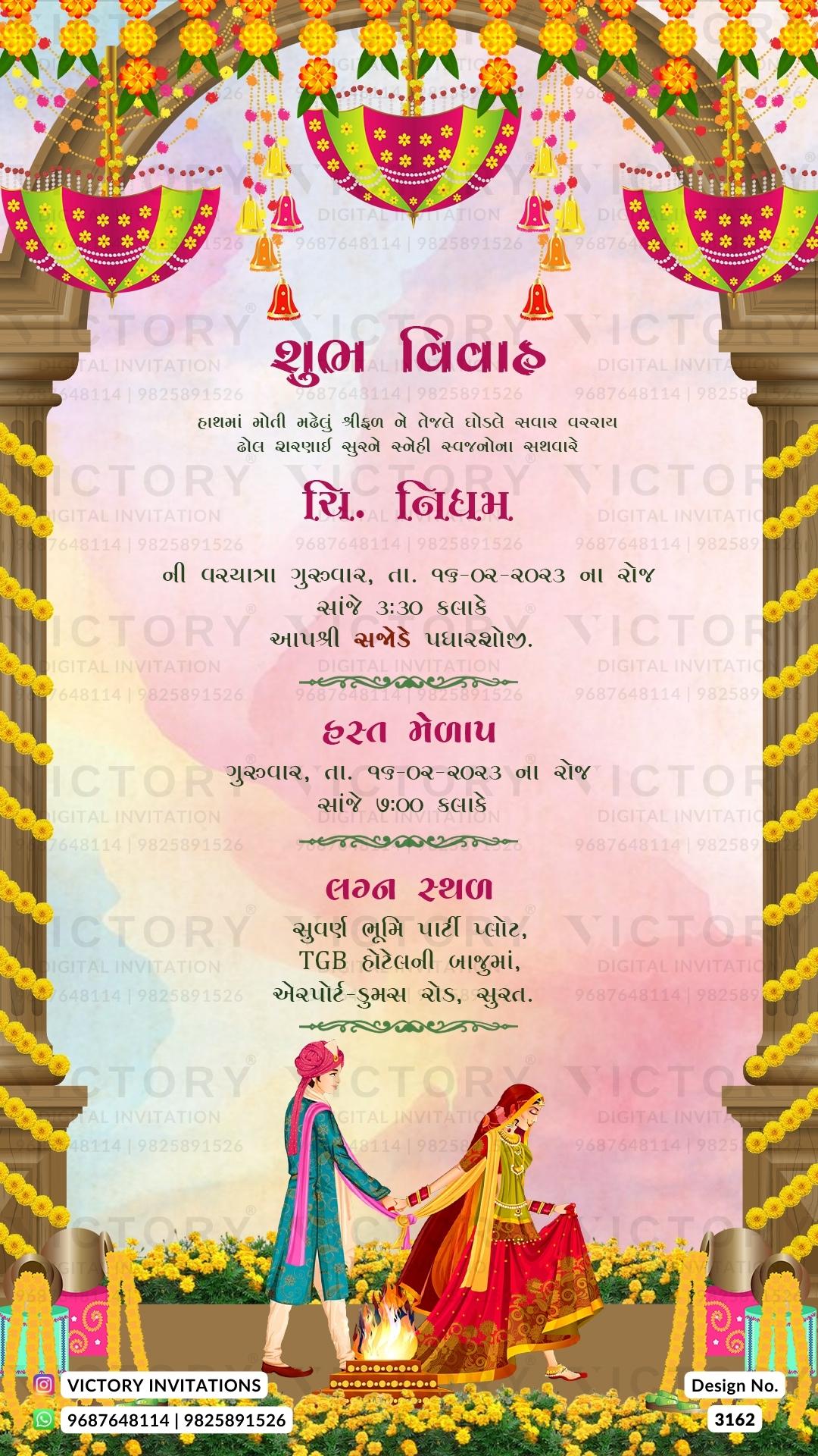 A Mesmerizing Colors and Elegance Unveiling a Wedding Invitation with Couple's Doodles, Regal Gates, and Ganesha's Motif, Marigold and Blooms Delights, Design no.3162