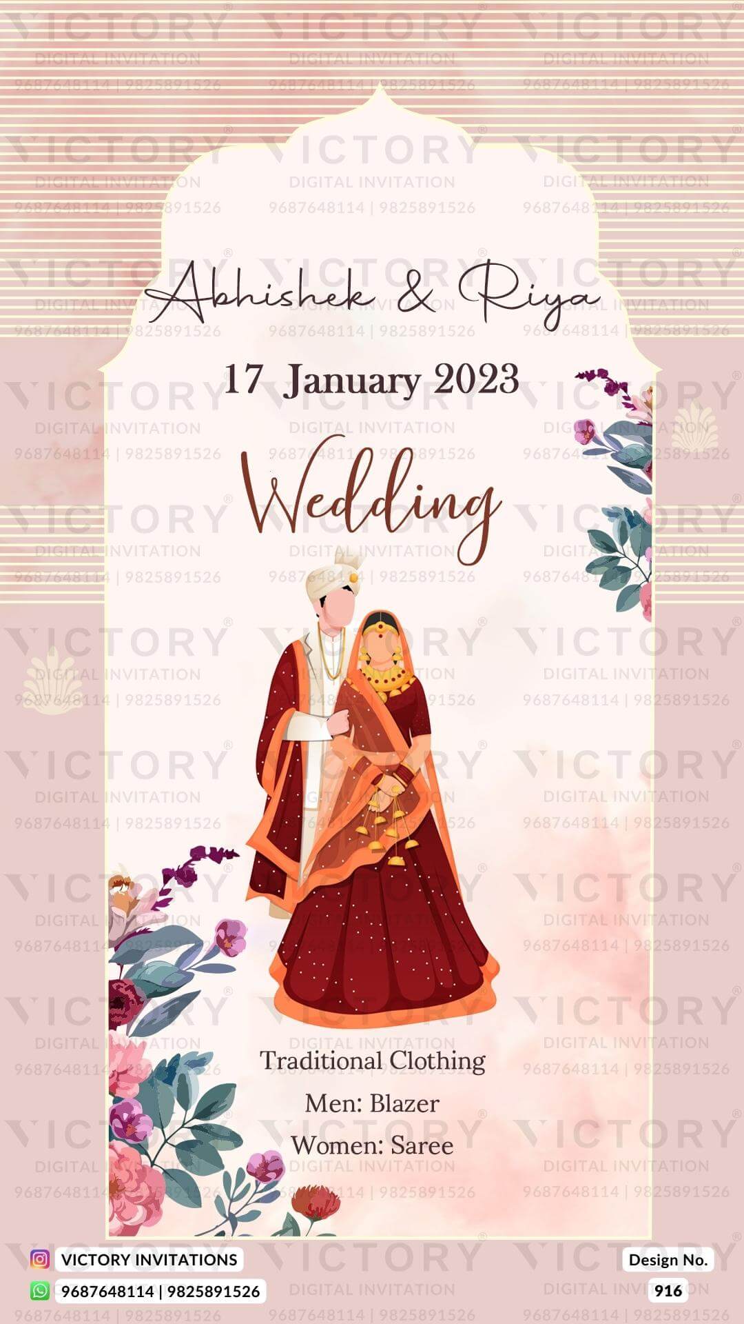 Pastel Pink and Pistachio Green Traditional Floral Theme Indian Wedding E-invitations (Wardrobe Planner) with Festive Indian No-Face Couple Illustrations