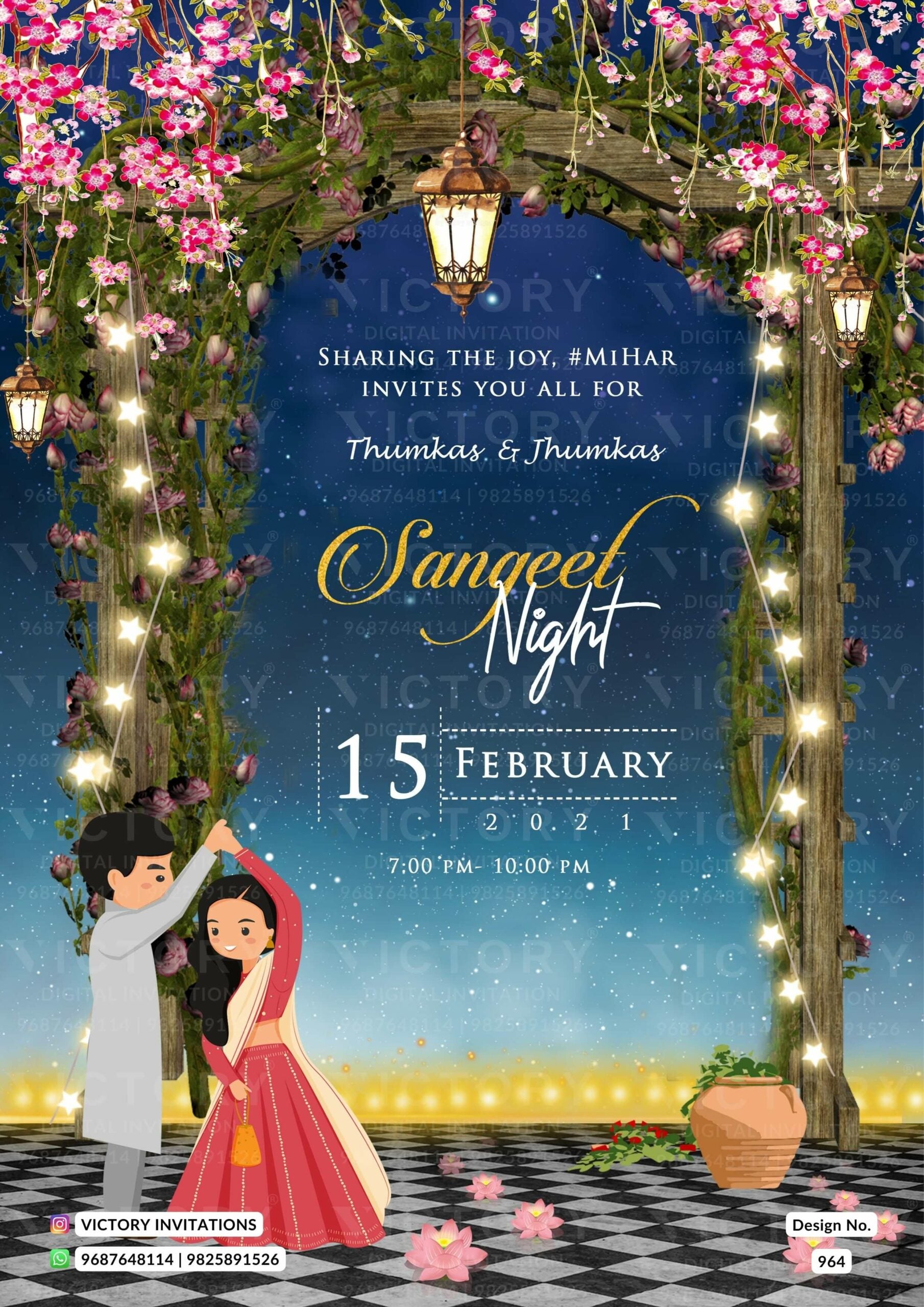 Lavish Pastel and Vibrant Shaded Vintage Floral and Whimsical Theme Indian Wedding E-invites with Stunning Couple Caricature Illustrations