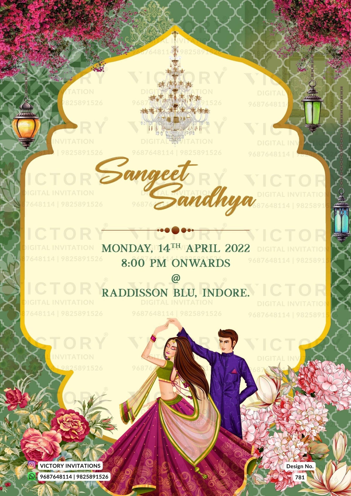 Traditional Beige and Vibrant-Shaded Vintage Floral Theme Digital Wedding Invites with Festive Indian Bride and Groom Doodle