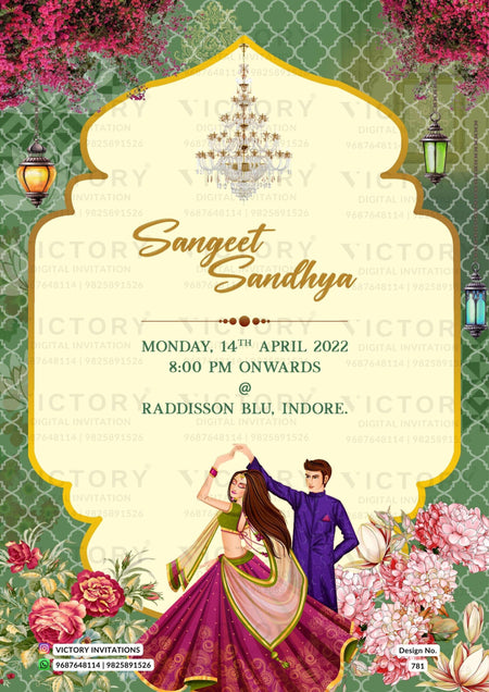Traditional Beige and Vibrant-Shaded Vintage Floral Theme Digital Wedding Invites with Festive Indian Bride and Groom Doodle