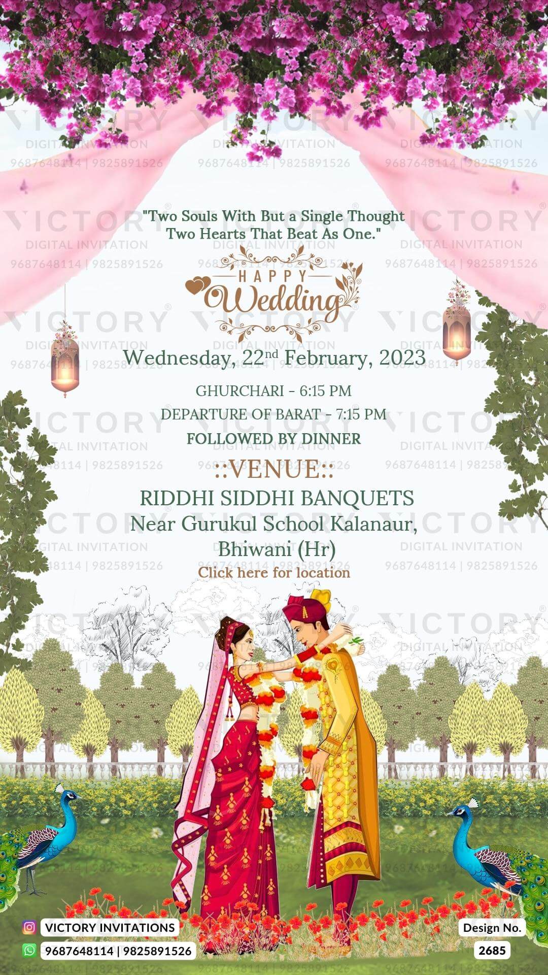 Vibrant Shaded Whimsical Garden Theme Indian Wedding E-cards with Original Couple Portraits and Couple Caricature Illustration, Design no. 2685