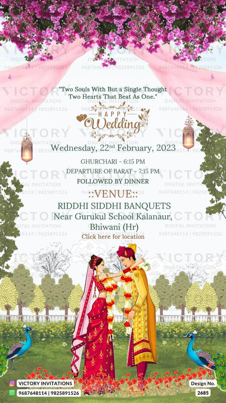 Vibrant Shaded Whimsical Garden Theme Indian Wedding E-cards with Original Couple Portraits and Couple Caricature Illustration, Design no. 2685