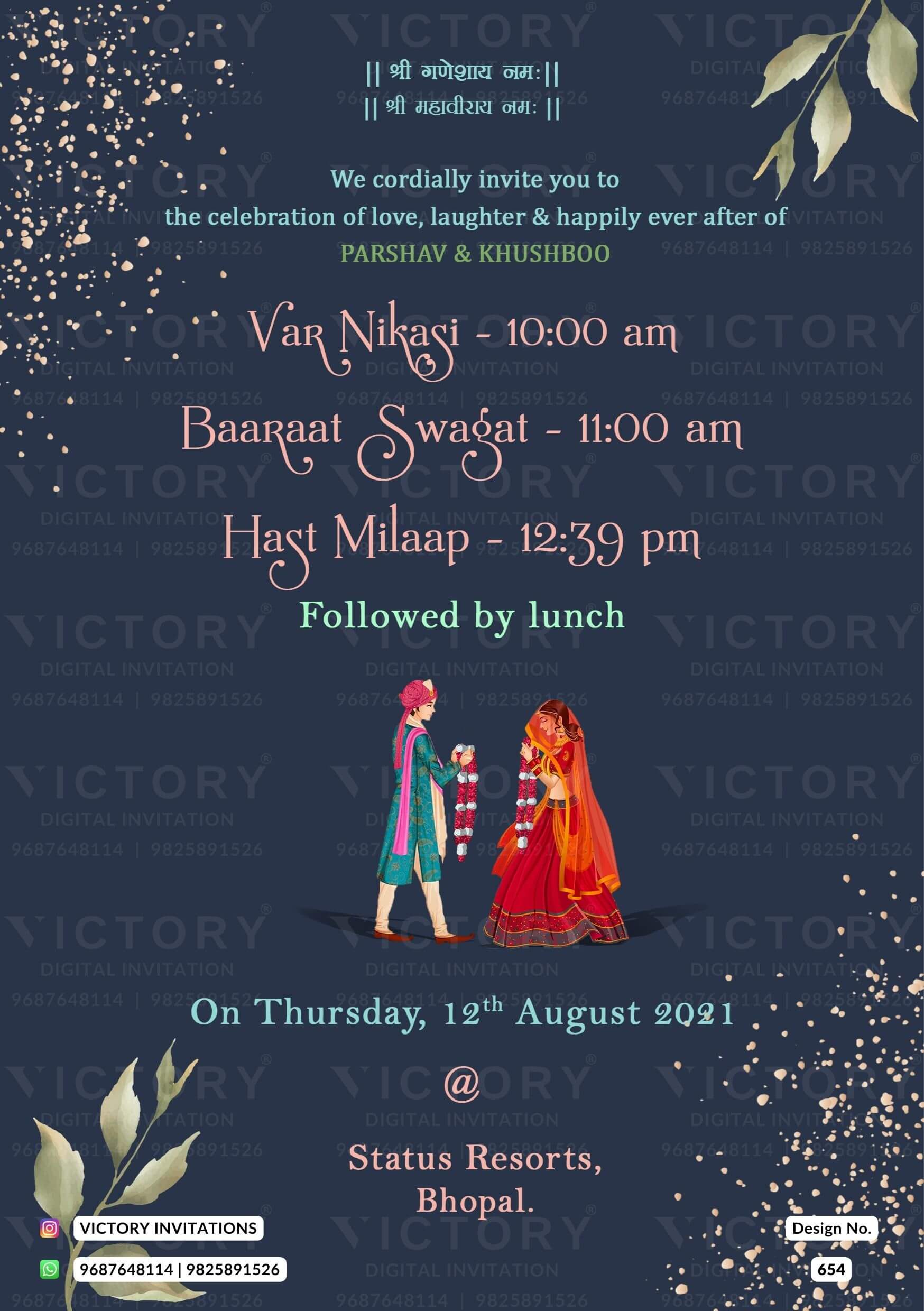 Captivating Dark Blue Grey Digital Wedding Invitation with Floral and vintage Peacock and couple Doodles of Each Function