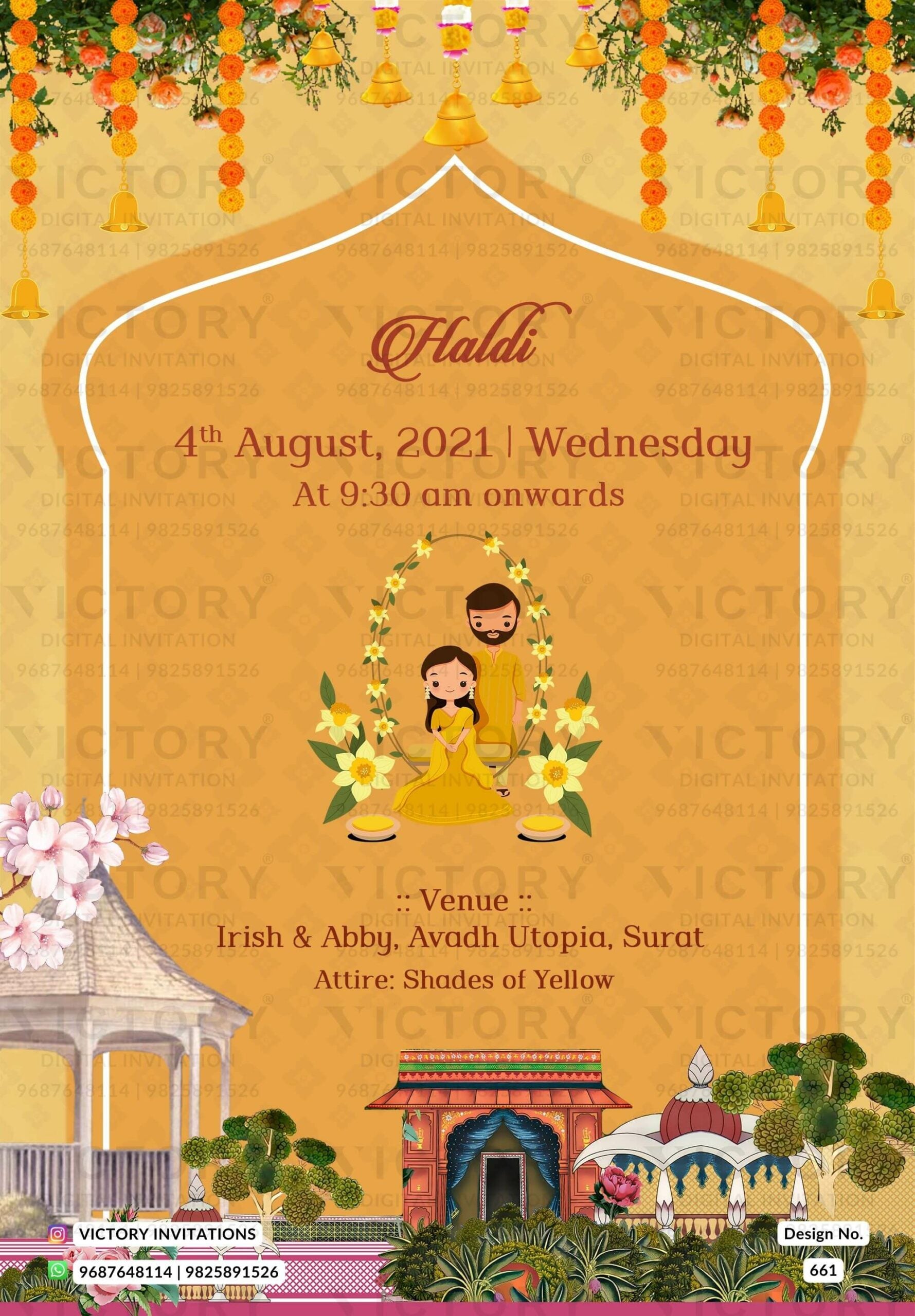 Traditional Pastel Shaded Vintage Theme Lavish Indian Wedding E-invites with Classic Vintage Illustrations and Festive Indian Couple Doodle Illustrations