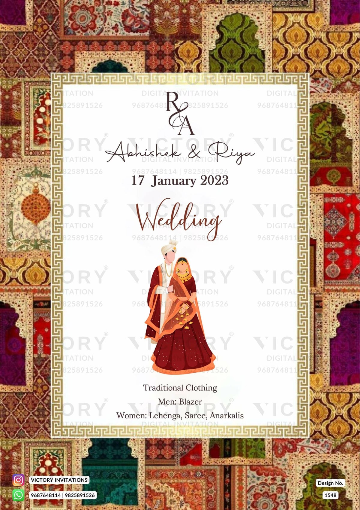 White and Vibrant Shaded Traditional Indian Vintage Theme Online Wedding Cards with Festive Indian Couple No-face Caricature Illustrations