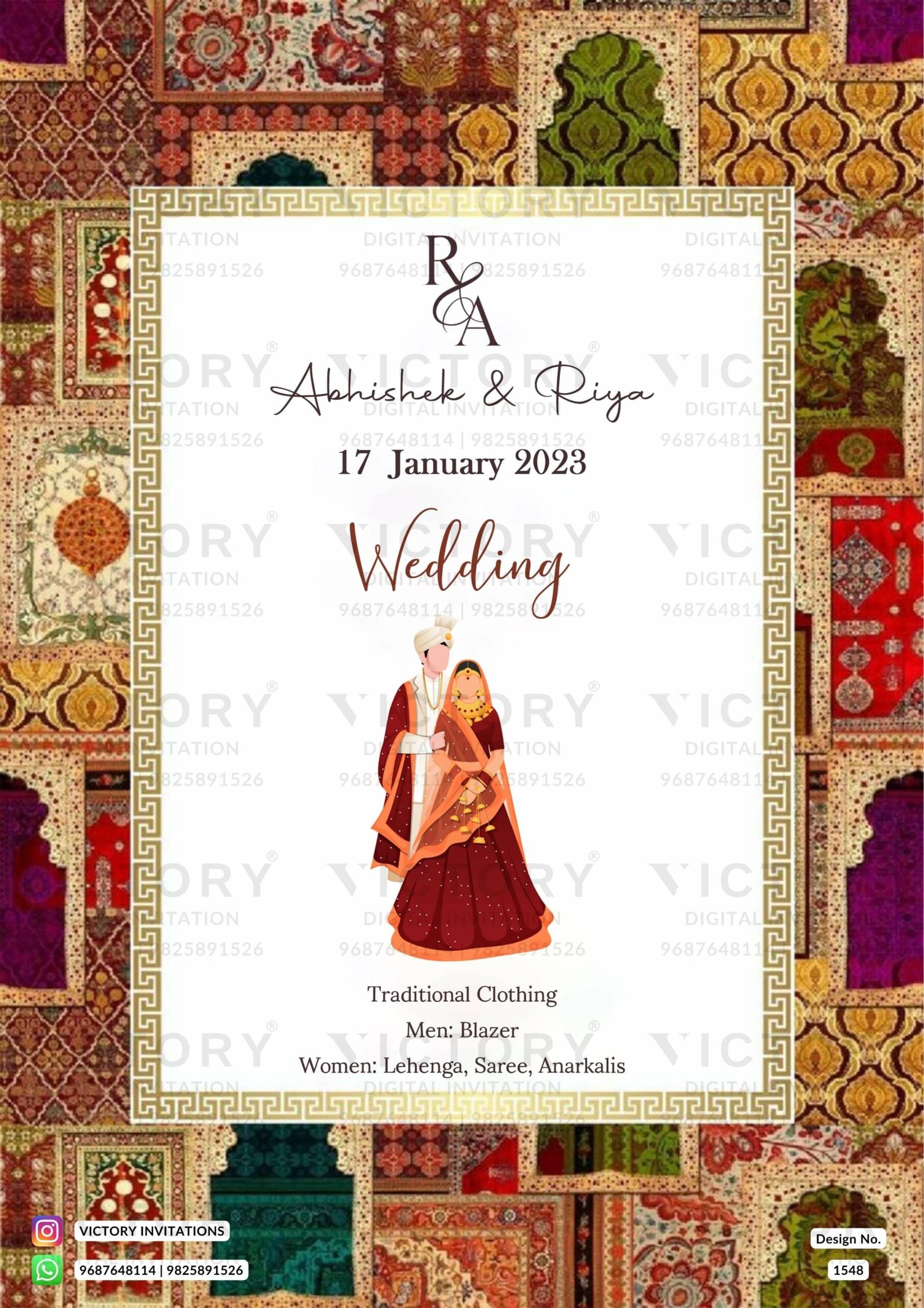 White and Vibrant Shaded Traditional Indian Vintage Theme Online Wedding Cards with Festive Indian Couple No-face Caricature Illustrations