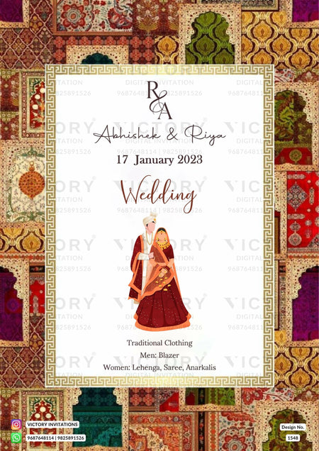 White and Vibrant Shaded Traditional Indian Vintage Theme Online Wedding Cards with Festive Indian Couple No-face Caricature Illustrations