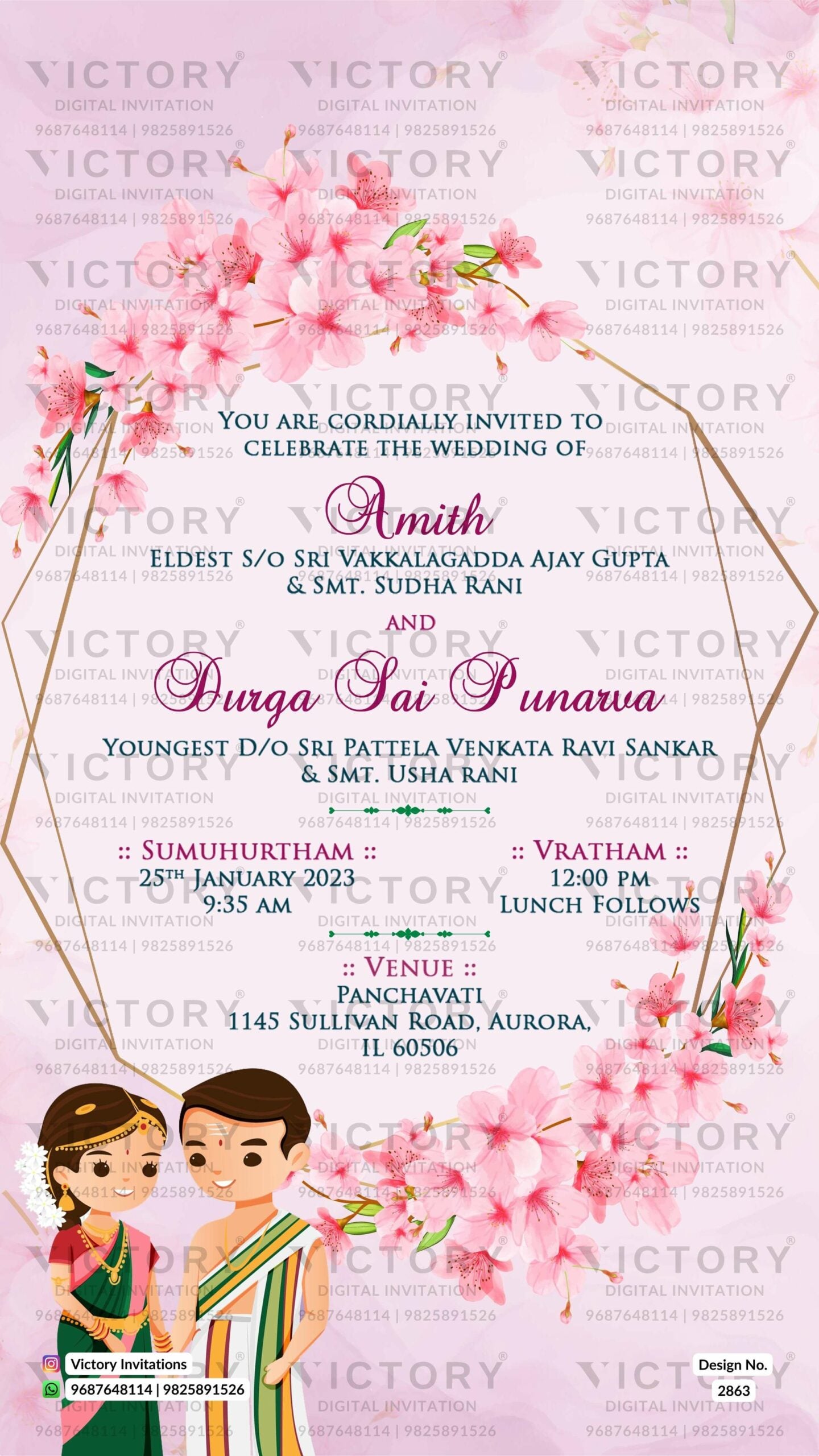 Pastel and Vibrant Shaded Whimsical Floral Theme Indian Wedding E-cards with Couple Caricature and Captivating Location Skyline Illustrations, Design no. 2863