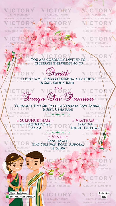 Pastel and Vibrant Shaded Whimsical Floral Theme Indian Wedding E-cards with Couple Caricature and Captivating Location Skyline Illustrations, Design no. 2863