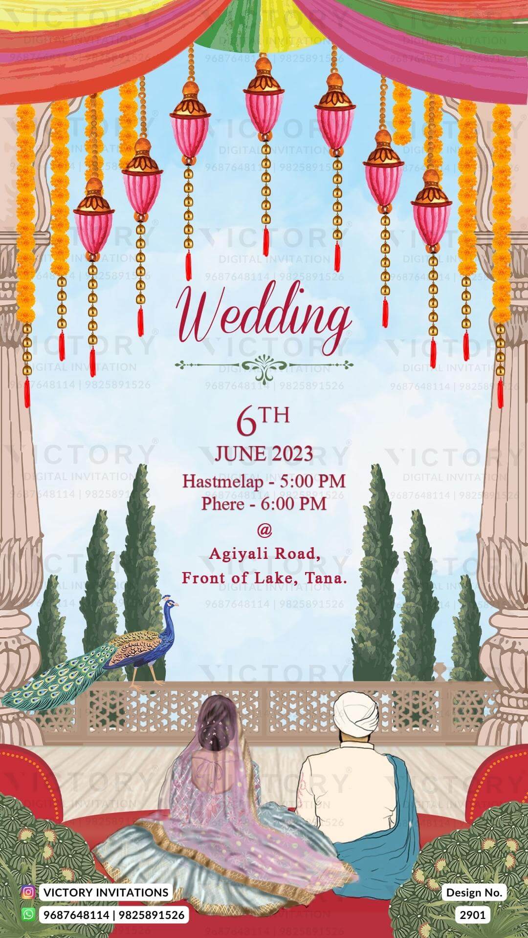 Blue and Ivory Whimsical Vintage Theme Indian Online Wedding Invites with Sikh Wedding Illustration, Design no. 2901