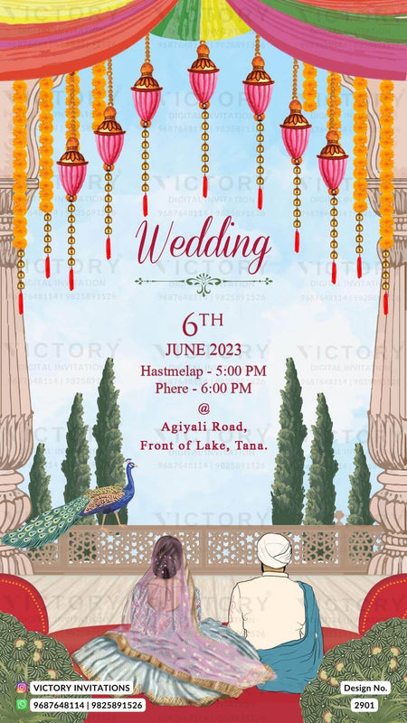 Blue and Ivory Whimsical Vintage Theme Indian Online Wedding Invites with Sikh Wedding Illustration, Design no. 2901