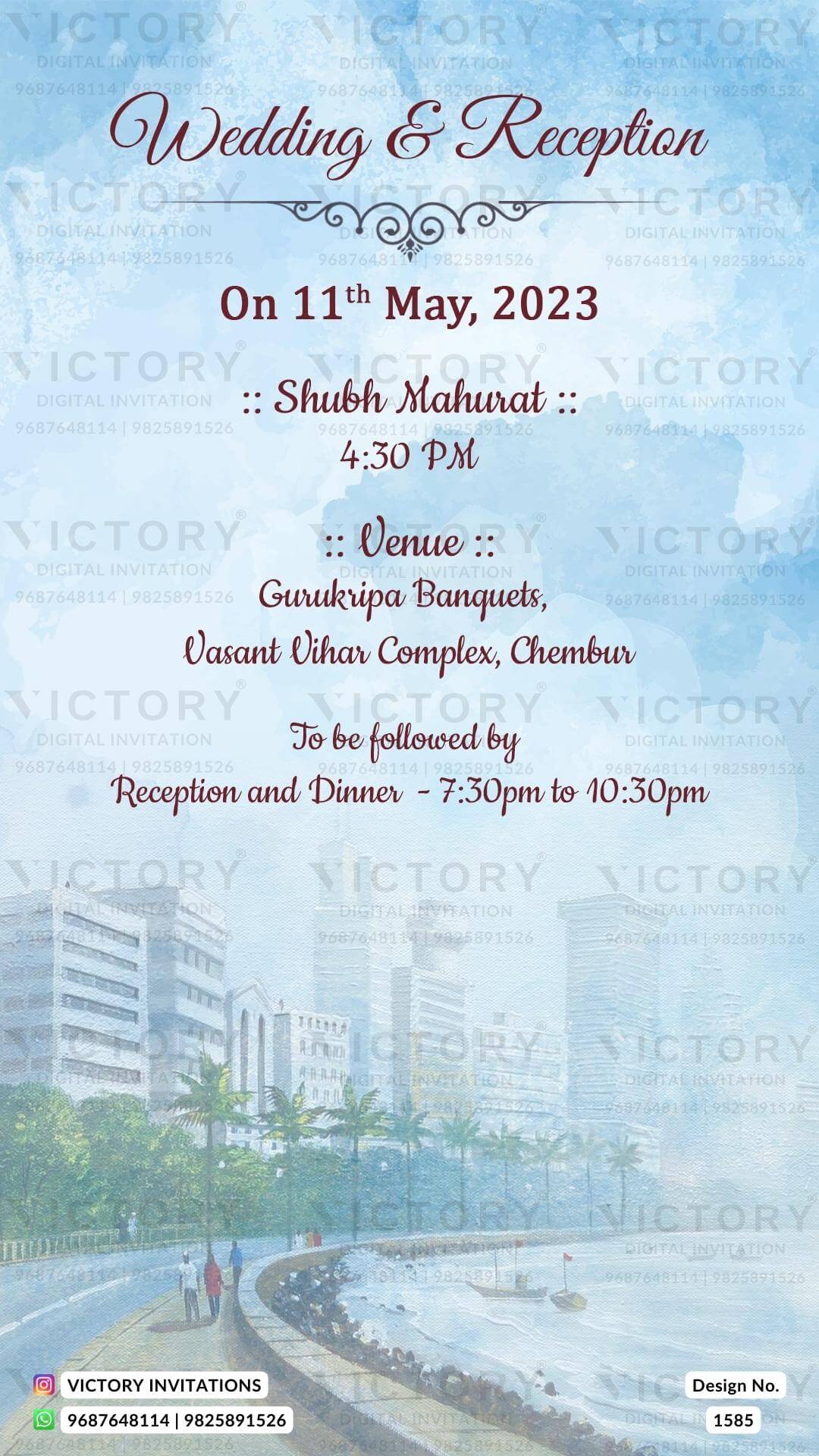 A Breathtaking Wedding Invitation Amidst a Captivating Tapestry of Sky Blue Splashes, Enchanting Caricatures, the Mesmerizing Marine Drive, and Towering Skyscrapers, Design no. 1585